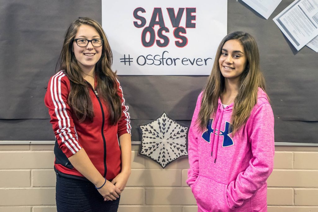 Bailey Toepfer (left) and Janessa Silva, Osoyoos Secondary School students, both said they were disappointed and shocked to learn that their school may be closing. Silva said having to be bused would mean she couldn't get back to Osoyoos in time for her dance classes. Toepfer said she would not like to go to a bigger school because she knows the teachers and students at OSS. (Richard McGuire photo)