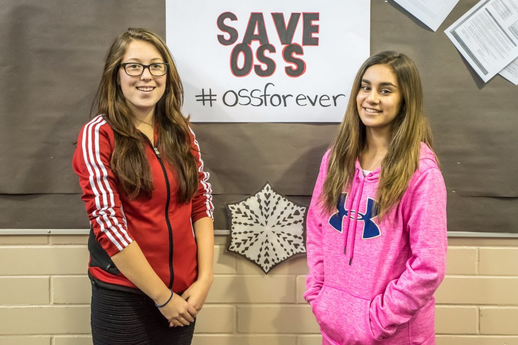 Bailey Toepfer (left) and Janessa Silva, Osoyoos Secondary School students, both say they are disappointed and shocked to learn that their school may be closing. Silva said having to be bused would mean she couldn't get back to Osoyoos in time for her dance classes. Toepfer said she would not like to go to a bigger school because she knows the teachers and students at OSS. (Richard McGuire photo)