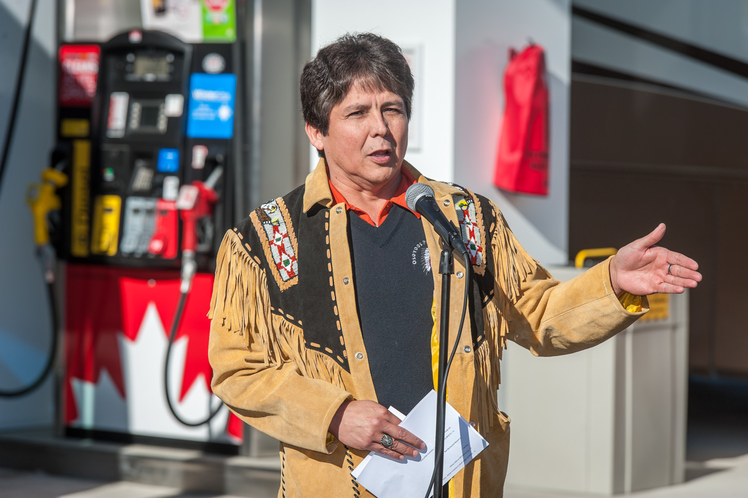 Chief Clarence Louie of the Osoyoos Indian Band speaks during the opening of Nk'Mip Corner, a new Petro-Canada service centre. (Richard McGuire photo)