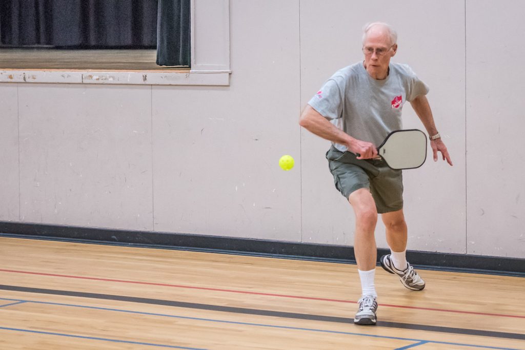 Michael Ryan swings for the ball in a game of pickleball on Friday at the Sonora Community Centre for Move for Health Day. Move for Health Day was started by the World Health Organization in 2002 to promote physical activity. The BC Recreation and Parks Association (BCRPA) promotes it with support from Healthy Families BC. (Richard McGuire photo)