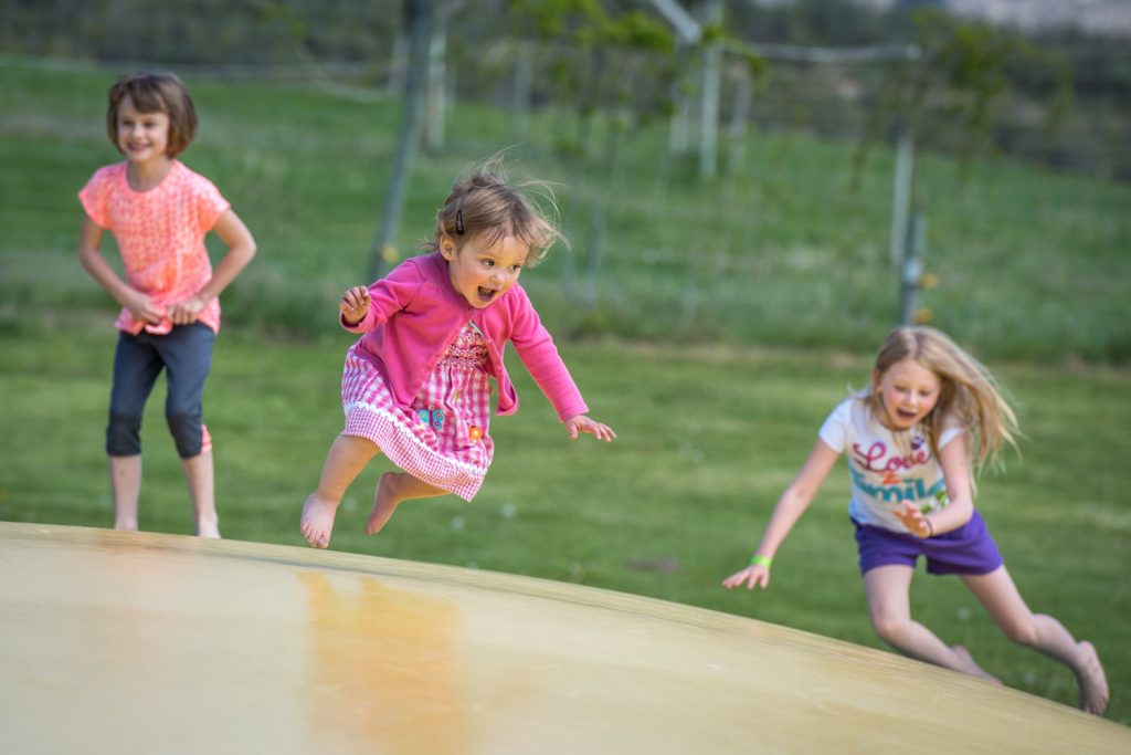Young girls have fun bouncing around on a Jumping Pillow at Pig Out on Saturday at Covert Farms. (Richard McGuire photo)