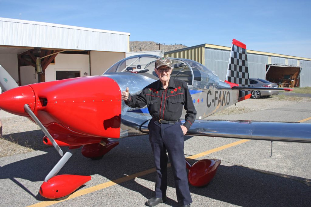 Jim Thibodeau celebrated his 90th birthday last Friday by visiting the Oliver Airport and piloting a small jet for a one-hour flight over the beautiful South Okanagan. Thibodeau has been involved in aviation most of his life. (Keith Lacey photo)