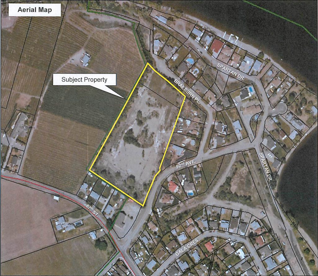 An aerial view shows the location of the subject property. (Town of Osoyoos)