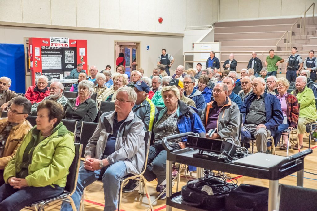 Nearly 150 people, most of them seniors, turned out last Thursday for the RCMP's Community Safety Forum at the Sonora Community Centre. (Richard McGuire photo)