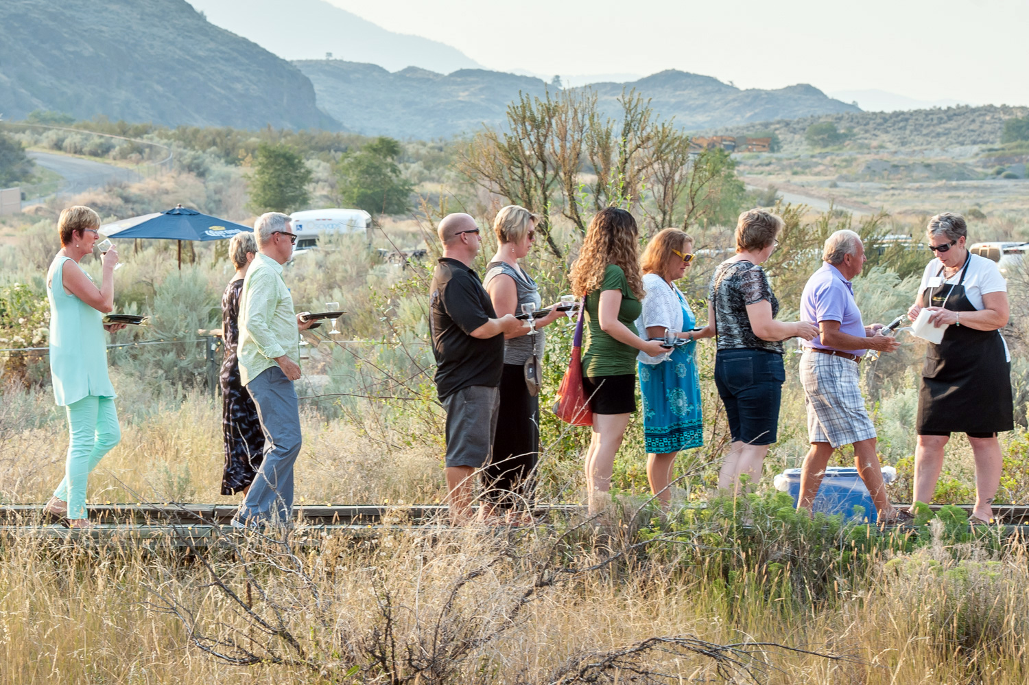 Guests take one of the tours along the boardwalk after dinner at Romancing the Desert Saturday evening. The tours gave guests an introduction to the desert habitat and animals and plants that live there, but they also stopped for wine tasting and desserts at stations along the boardwalk. See our video story about this event at OsoyoosTimes.com. (Richard McGuire photo)