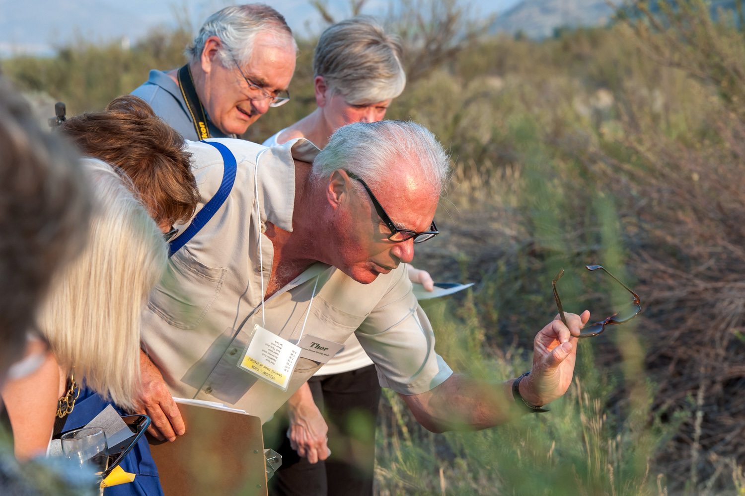 Guide Thor Manson (wearing dark glasses) shows guests a nest of black widow spiders at Romancing the Desert. Guests sampled wine and food while taking a tour of the desert on the boardwalk at the Osoyoos Desert Centre. (Richard McGuire photo)