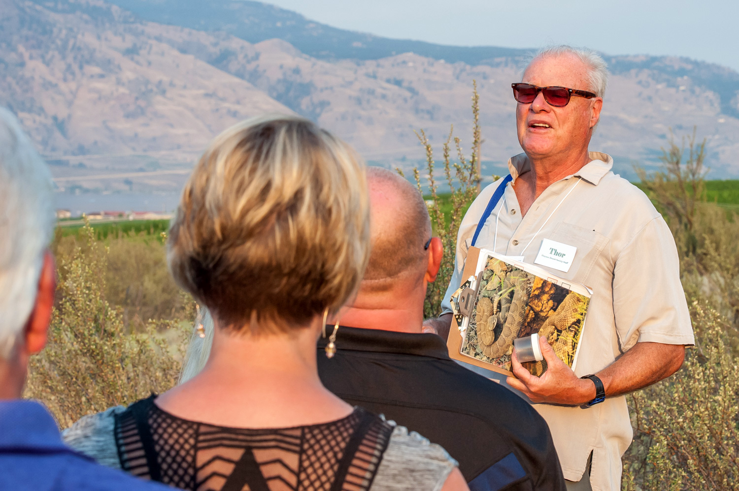 Guide Thor Manson tells guests about rattlesnakes at Romancing the Desert. Guests sampled wine and food while taking a tour of the desert on the boardwalk at the Osoyoos Desert Centre. Rattlesnakes, he said, aren't normally found at the Desert Centre despite having lairs in many other parts of the valley. (Richard McGuire photo)