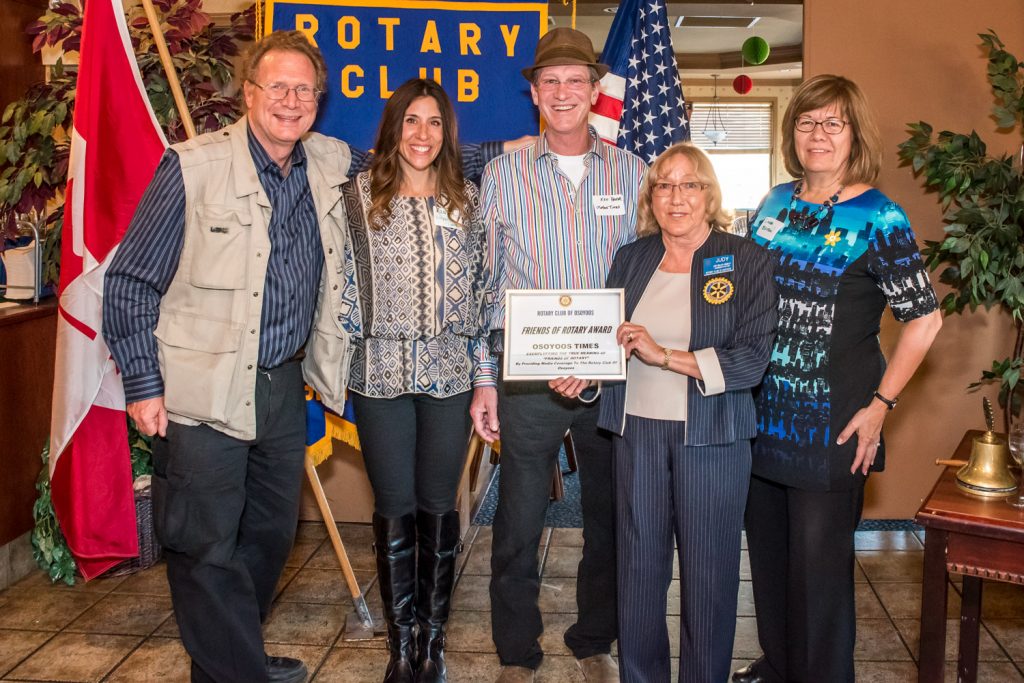 Judy Miller-Bennett, president of the Rotary Club of Osoyoos (second from right) presented staff of the Osoyoos Times with a Friends of Rotary Award. Miller-Bennett congratulated the paper for being named best in Canada in its circulation class recently at the Canadian Community Newspaper Association awards. From left are Richard McGuire, Ronda Jahn, Ken Baker, Miller-Bennett and Linda Bolton. Missing are editor Keith Lacey and administrator Jocelyn Merit.