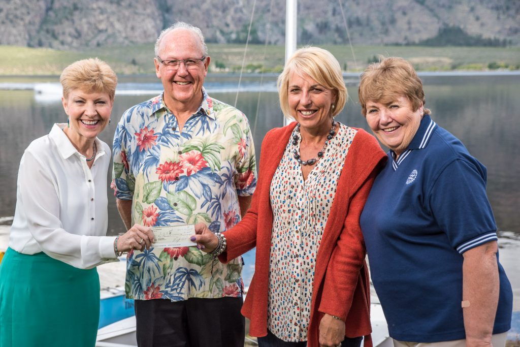 Marieze Tarr, Rotary Club of Osoyoos president, second from right, hands over a $5,000 contribution for equipment at the new patient tower at Penticton Regional Hospital. Accepting the cheque is Janice Perrino, executive director of the South Okanagan Similkameen Medical Foundation (SOSMF) (left). The money is part of a multi-year Rotary commitment of $30,000 for the hospital. Also pictured are Peter Steele, an SOSMF board member (second from left) and Cheryle King, an Osoyoos Rotary member and Area 5 governor. (Richard McGuire photo)