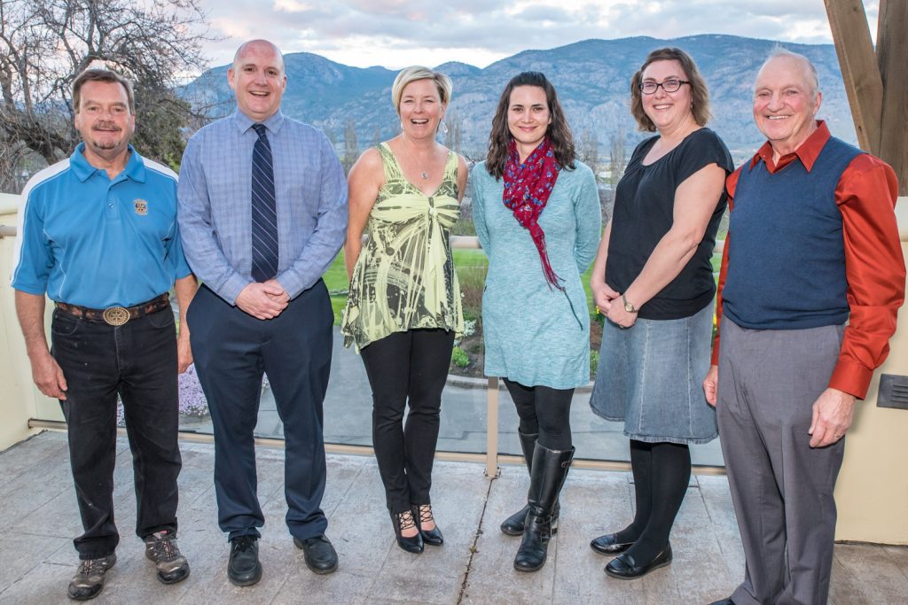 Pictured from left are Brian Rawlings, president of the Rotary Club of Osoyoos; Dave Foster, principal of OSE; Sandy Summers, a Rotarian who accepted funding on behalf of Desert Sun Counselling and Resource Centre and Better at Home; Danielle Higginson, PAC treasurer; Amy Robinson, PAC president; and Harold Cox, the Rotarian who is spearheading the Save a Rhino project with his wife Audrie. (Richard McGuire photo)