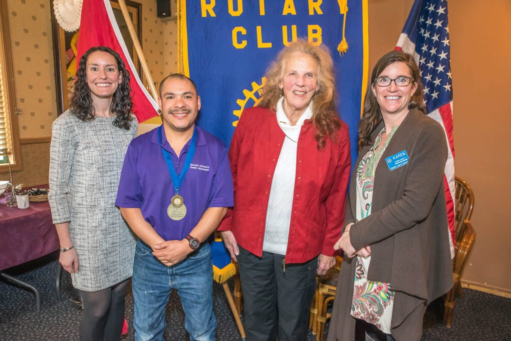 The Rotary Club of Osoyoos heard a presentation last week about Special Olympics B.C. and the local program in the South Okanagan. From left are Reanne Holden, manager of community development for Special Olympics B.C. in the Okanagan; Alberto Holz, Special Olympics athlete; Lee Chic, local co-ordinator and coach; and Karen Leigh (Hawitt), Rotary president elect, who chaired the meeting. (Richard McGuire photo)