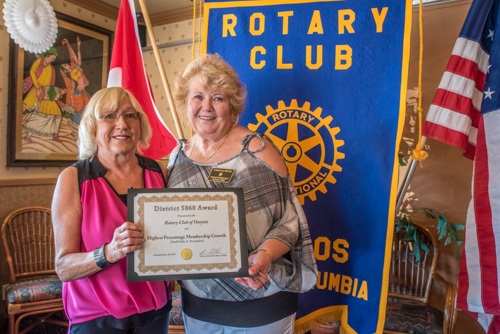 The Rotary Club of Osoyoos received a District 5060 award for being the small club with the highest percentage of membership growth. District 5060 includes 59 different clubs south central B.C. and central Washington. Showing off the award are outgoing club president Judy Miller-Bennett (left) and Cheryle King, Area 5 governor, who is also a member of the Osoyoos club. (Richard McGuire photo)