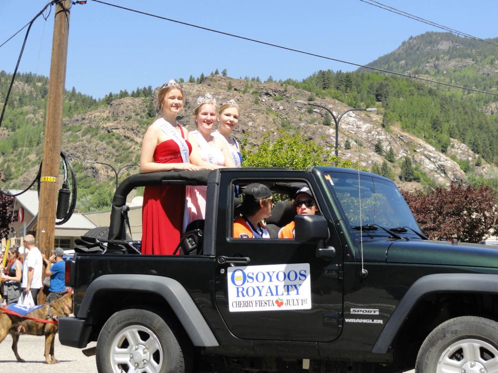 The Osoyoos Royalty has been busy recently travelling the province and promoting Osoyoos. Pictured here, they visited Trail for the Silver City Days Celebration, where they promoted the upcoming Cherry Fiesta in Osoyoos on July 1. Queen Teagen Aspell and Princesses Ali Hutter and Amara Leeson will soon be passing their crowns to a new Royalty. See Page 31 for more about their busy lives. (Photo supplied)