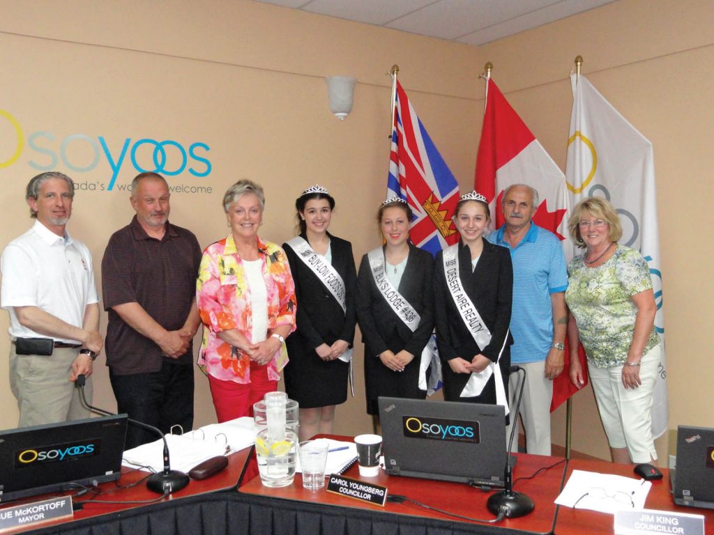 New Royalty candidates introduced themselves to Osoyoos Council recently. The girls, to the right of Mayor Sue McKortoff are from left Tianna Morgan, Bailey Toepfer and Emma Fernandes. Council members from left are Coun. Mike Campol, Coun. C.J. Rhodes, Mayor Sue McKortoff, Coun. Jim King and Coun. Carol Youngberg. (Photo supplied)