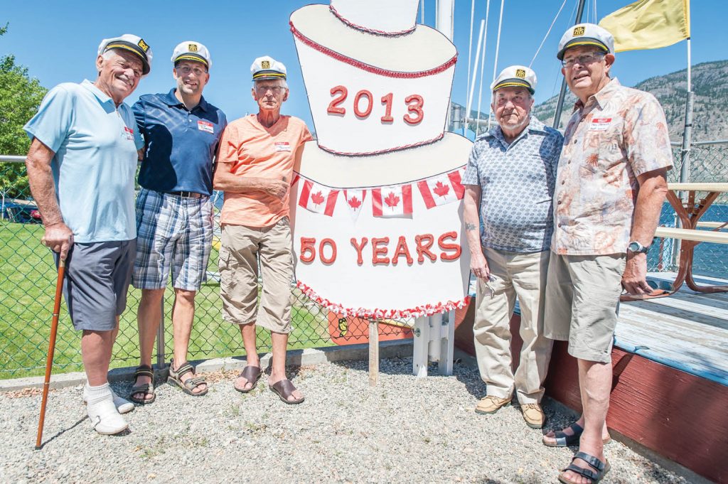 The Lake Osoyoos Sailing Club celebrated its 50th anniversary in July of 2013 and a number of past commodores were in attendance. They include (from left) John Zupan, Dr. Chris Scheuren, Jurgen Reinhards, Roy Burt and Stan Storwick. Zupan passed away Jan. 15. Dozens of his friends attended a memorial service on Monday at the Elk’s Hall in Osoyoos. (Richard McGuire file photo)