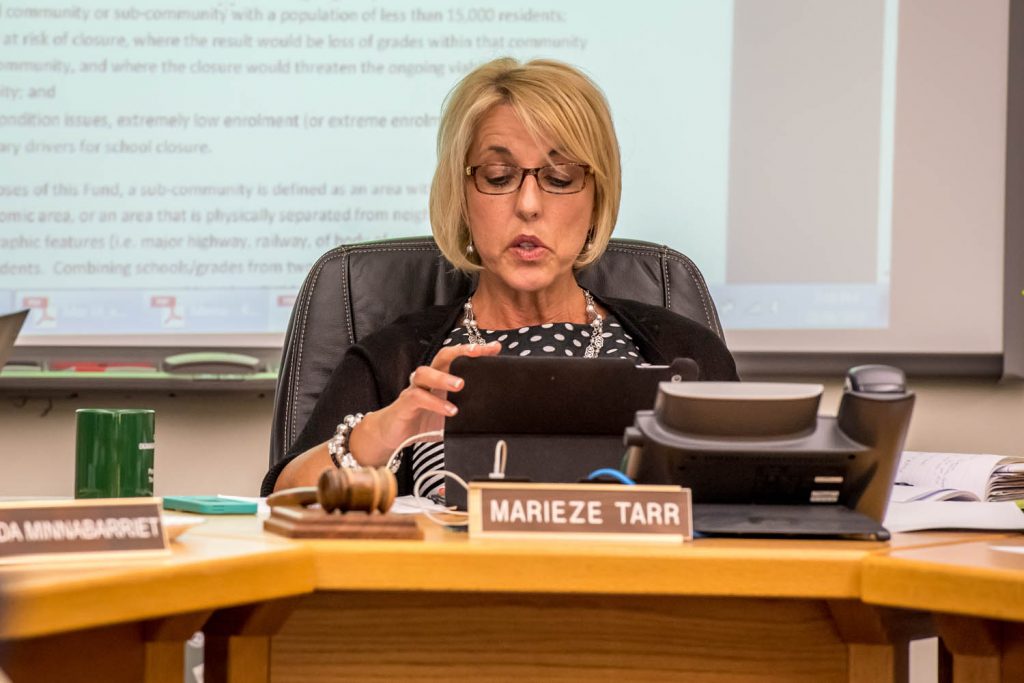 Marieze Tarr, board chair of School District 53, reviewed the criteria for the board to apply for provincial funding to save Osoyoos Secondary School. The board applied for and received just under $500,000 from the Rural Education Enhancement Fund, allowing OSS to remain open. (Richard McGuire photo)