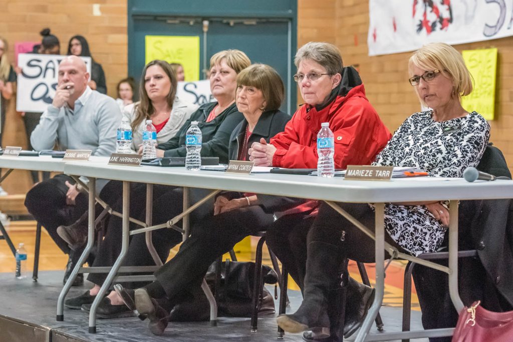 Six of the seven school board trustees came of OSS to hear from the Osoyoos community about the potential school closings. From left are Rob Zandee, Rachel Allenbrand, Debbie Marten, June Harrington, Myrna Coates and Chair Marieze Tarr. Missing was Sam Hancheroff. (Richard McGuire photo)