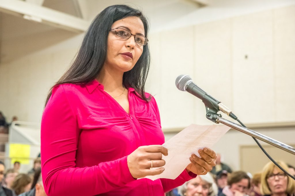 Kuldeep Rai posed the question: if there are no other options than closing a school in the school district's view, why are they asking to hear from the public? Rai said she was speaking for many in the Indo-Canadian community. (Richard McGuire photo)
