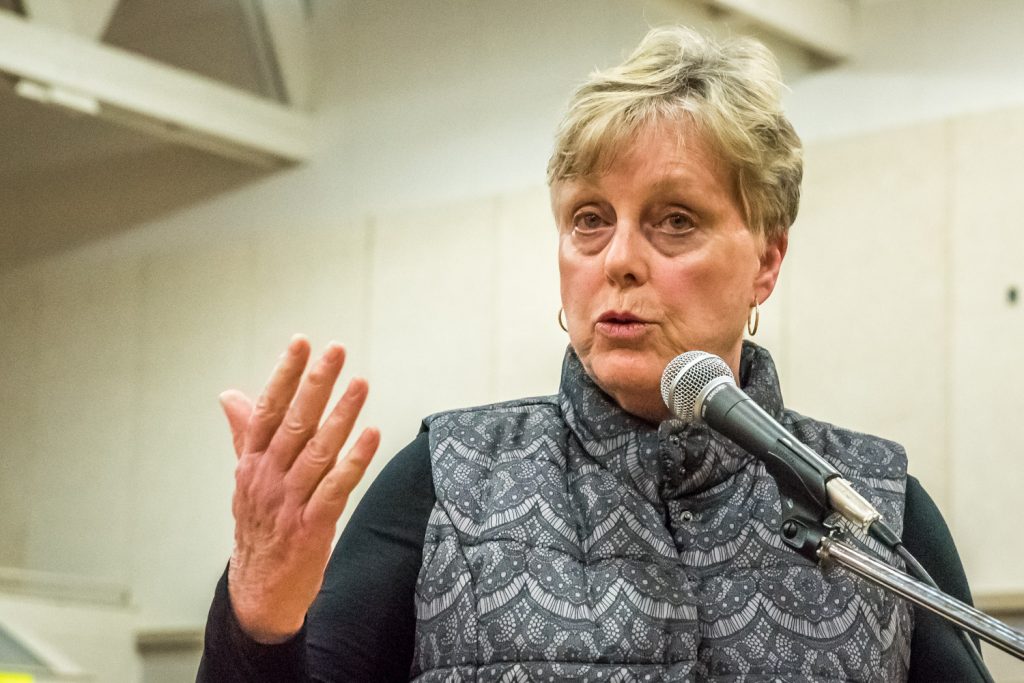 Sue McKortoff, Osoyoos mayor, pointed to some of the suggestions that have been made to reduce education costs and she called for a moratorium on the school closures. (Richard McGuire photo)
