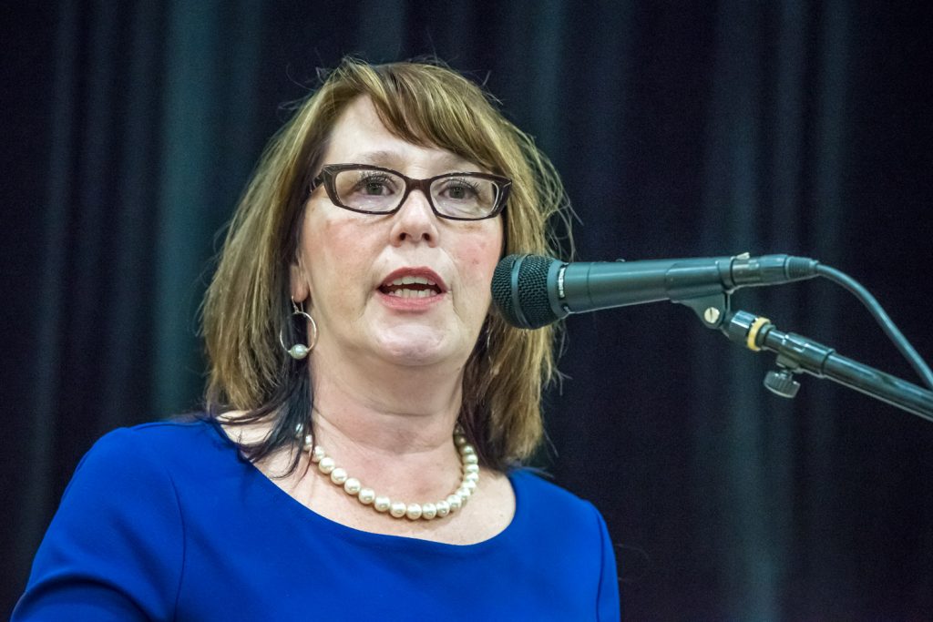 Bev Young, superintendent, summarized the feedback received from the community, but did not respond to the points made. (Richard McGuire photo)