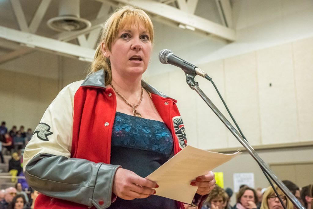 Brenda Dorosz, chair of Save Our Schools, warned that if Osoyoos Secondary School closes, many families will look at education options outside the district, depriving the school district of provincial per-student grants. She was cut off midway through her presentation by moderator Brian Pepper, who strictly enforced a three-minute time limit, but later Chad Jensen offered her some of his time. (Richard McGuire photo)