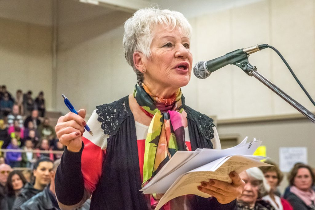 Sharon Gesce, a former school trustee, said it made more sense to combine the elementary schools in Oliver and keep both schools in Osoyoos. She also spoke on behalf of her friend, Virginia Cook, another former trustee. (Richard McGuire photo)