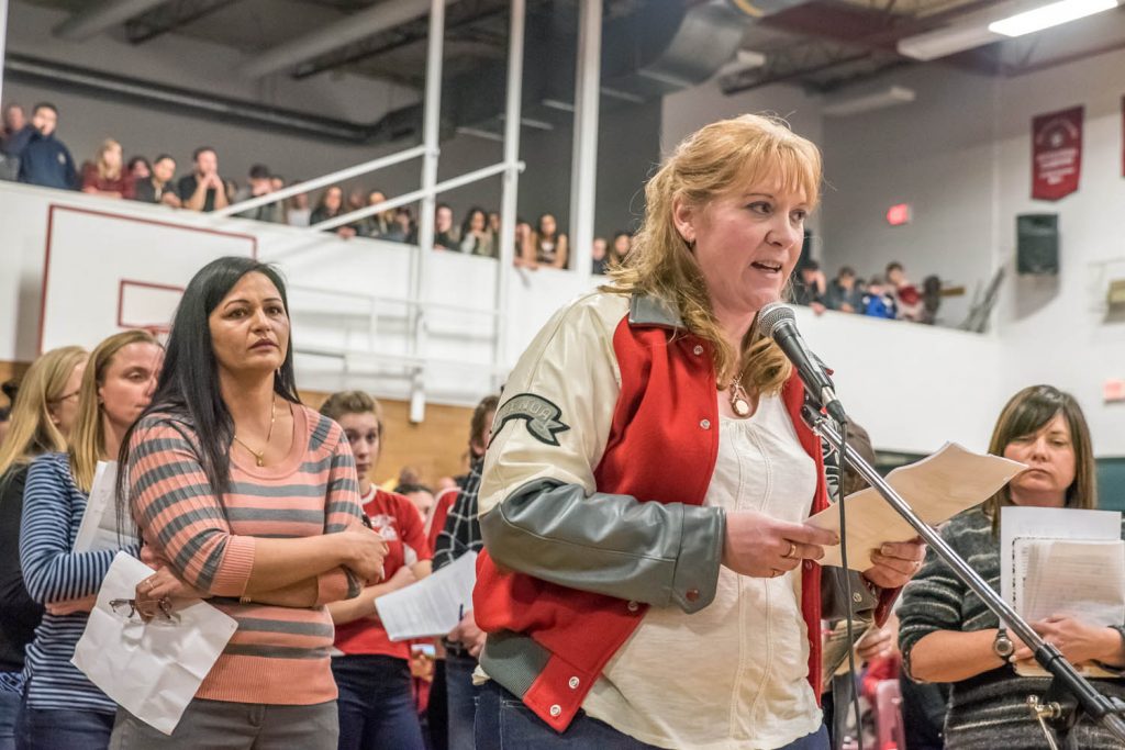 Brenda Dorosz, chair of the citizens' group Save Our Schools (SOS) delivered a well-researched, powerful presentation pointing to administrative savings the school district could make instead of closing schools. She also revealed accident statistics from ICBC pointing to the likelihood of tragic accidents if more students drive to school. (Richard McGuire photo)