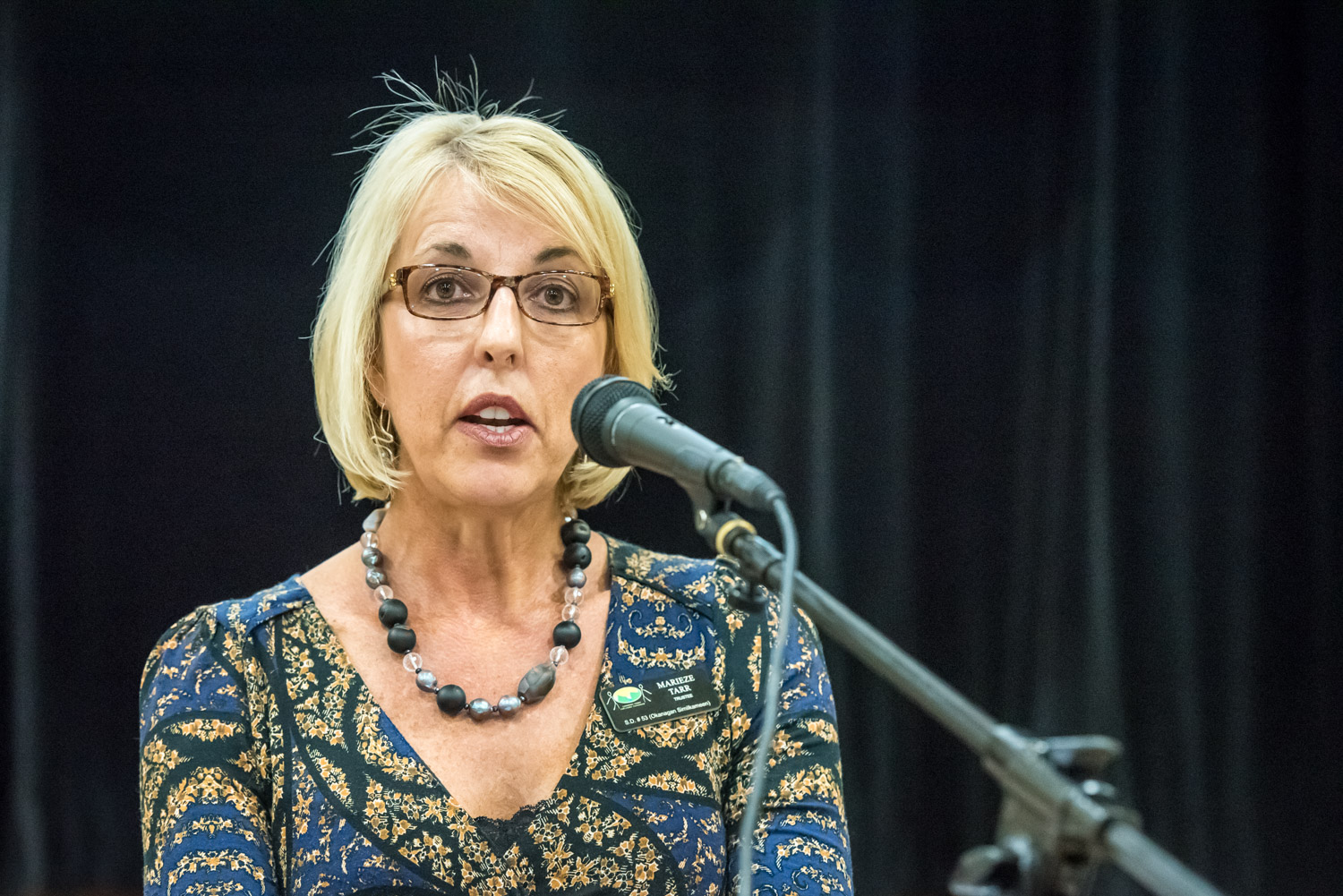 Marieze Tarr, school board chair, assured people Tuesday night that the board has not yet made a decision to close an Osoyoos school, even though many people think otherwise. (Richard McGuire photo)