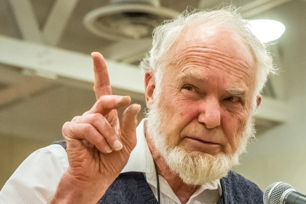 Jacob de Raadt argued that Highway 97 between Osoyoos and Oliver is dangerous for students to be travelling back and forth. He kept on talking after his time was up until people shouted at him to stop. (Richard McGuire photo)
