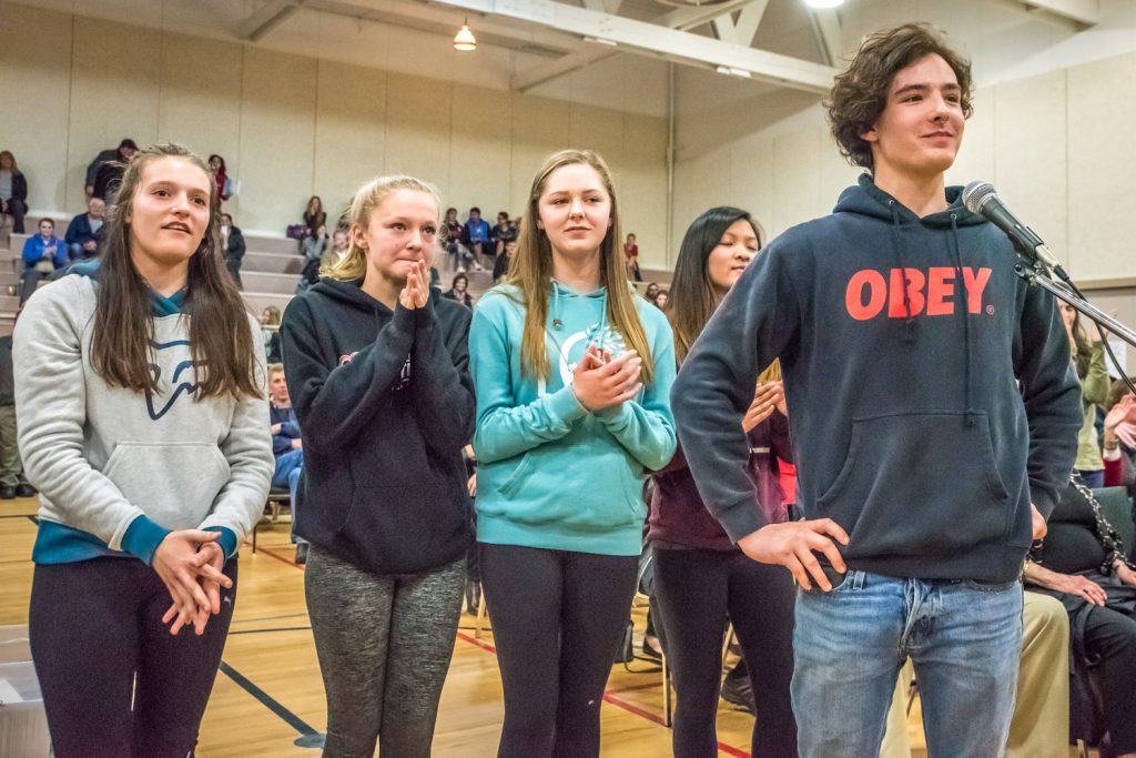 A group of students came to the microphone at the end of the meeting, but moderator Brian Pepper wouldn't allow them to speak. They were the only students who asked to speak all evening. Pepper, a retired superintendent in Prince George, a district that has closed 22 schools, was flown down to moderate the event. He ran a tight ship, cutting off speakers at three minutes, and sticking to rules, which annoyed some people in the audience who thought speakers weren't given a chance to have their say. (Richard McGuire photo)