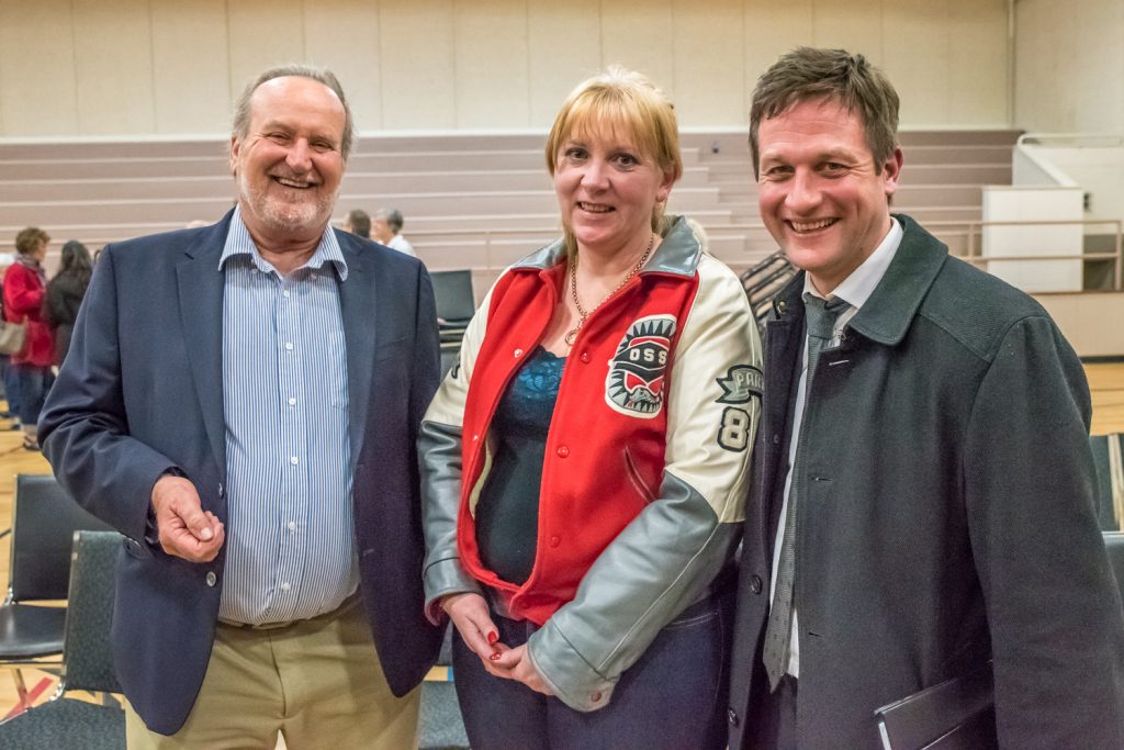 After the meeting, former Osoyoos mayor Stu Wells (left), Brenda Dorosz, chair of Save Our Schools, and Rob Fleming, NDP Education Critic, chatted and posed for a few photos. Dorosz said she invited a number of provincial politicians, including MLA Linda Larson, Premier Christy Clark and Education Minister Mike Bernier, but of those she invited, Fleming was the only one who showed up to head what was said. (Richard McGuire photo)