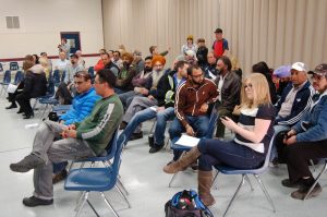 About 150 people turned out at the Oliver Community Centre Tuesday, many to express concerns about a crackdown by the RDOS against "illegal" signs that proliferate along Highway 97 between Oliver and Osoyoos. Some business people say they need the signs to survive. Regulations only allow one sign per land parcel and they cannot exceed three metres in height. Nor are third-party signs allowed -- signs that advertise someone else's business. (Lyonel Doherty photo)
