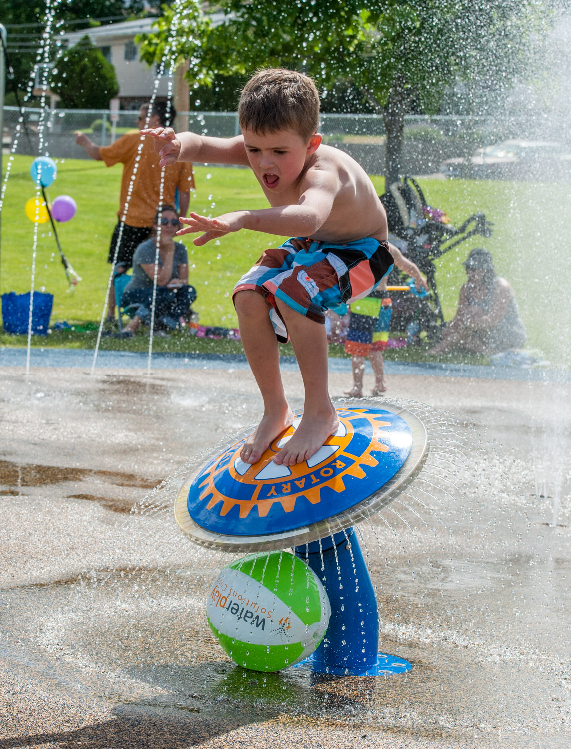 Brody McLean balances on a toadstool at the Osoyoos Splash Park prior to the official opening on Friday. (Richard McGuire photo)