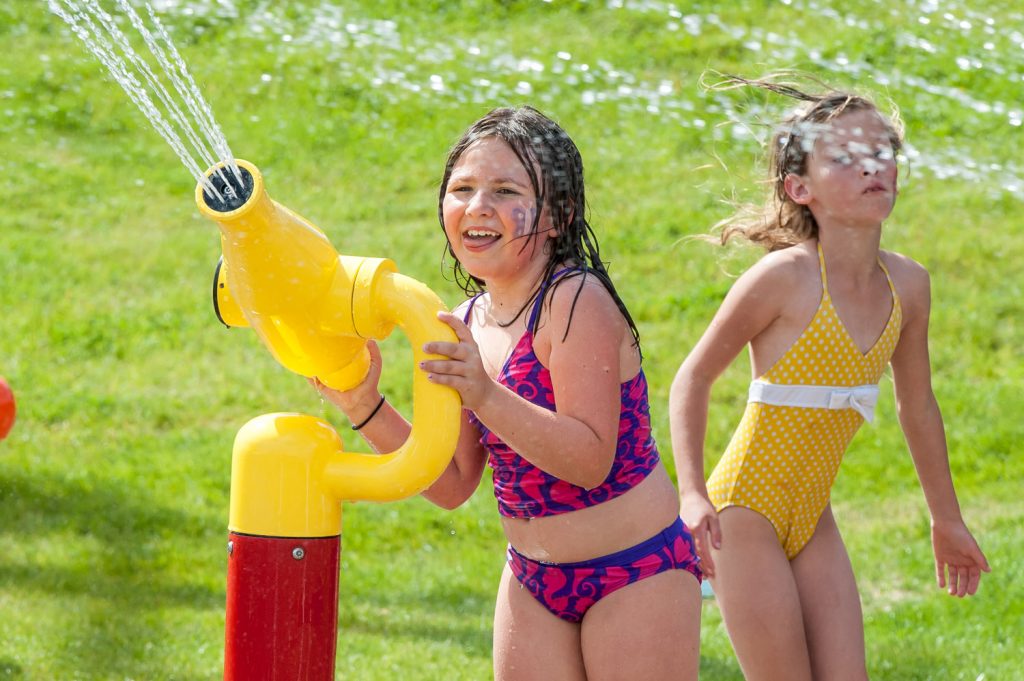 Hali Steiner, 8, takes aim with a water cannon at the Osoyoos Splash Park, which held its official opening on Friday, June 6. (Richard McGuire photo)