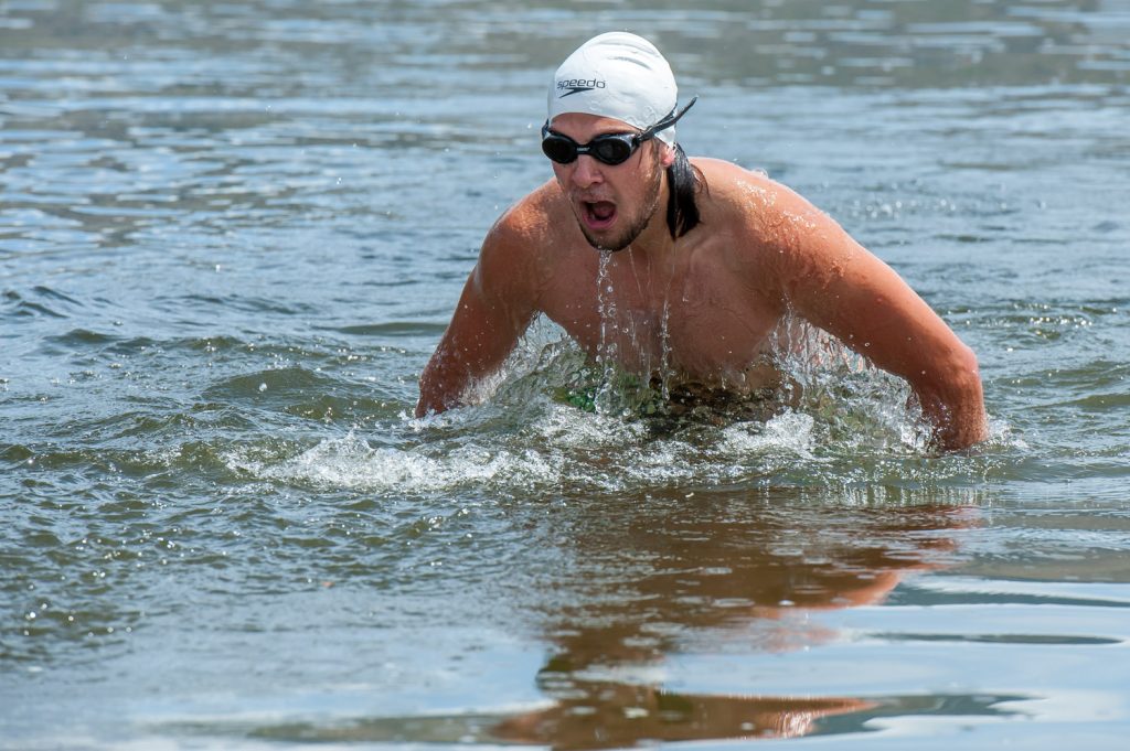 Tyler Nobel catches his breath after a vigorous swim in the OSS Storm the Wall event. (Richard McGuire photo)