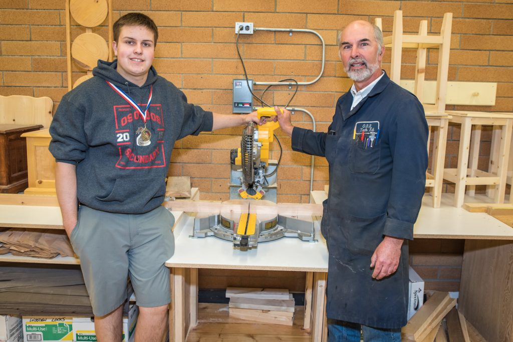 Shayden Stark (left) recently placed first in the Skills Canada British Columbia competition in cabinet making in Kelowna. The Grade 12 Osoyoos Secondary School student's win earned him a place at the provincial competitions in Abbotsford on April 14. Stark didn't place in the top three at Abbotsford, but his technology teacher Ivor Langley (right) says he still did well. (Richard McGuire photo)