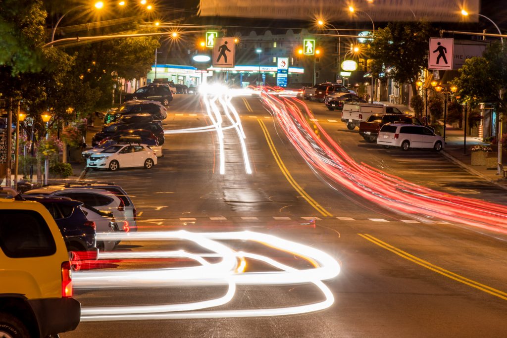Traffic fills Main Street on Friday evening of the Labour Day long weekend. Streaks of car lights photographed with a time exposure show the Main Street traffic at crosswalks, most without signal lights. Over roughly half an hour, the Osoyoos Times observed numerous drivers speeding, doing U-turns and some appearing to be texting. (Richard McGuire photo)