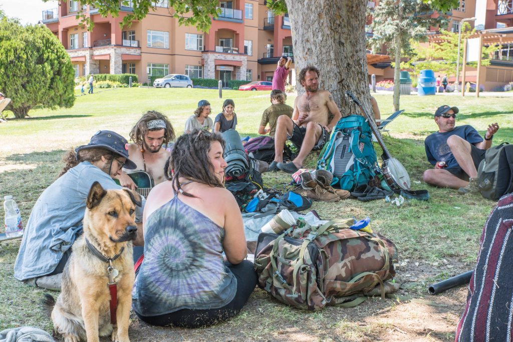 A group of transients from other parts of Canada socializes at Gyro Beach. Nobody in this group was causing problems, but there have been complaints about others consuming alcohol and drugs at Gyro Park. The RCMP says many come to work in the orchards or just to enjoy the weather, but increased police patrols will identify and remove any troublemakers. (Richard McGuire photo)