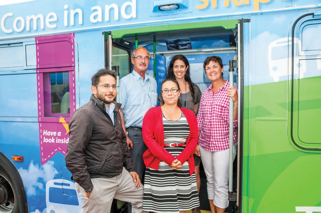The BC Transit Future Bus team was in Osoyoos on July 23 to hear from local residents about their priorities for transit service. Front from left are Daniel Pizarro and Adriana McMullen, both of BC Transit. Behind from left are George Neil, the driver from Penticton Transit, Sarah Phillips and Maria Lockley. McMullen made a presentation to Town of Osoyoos council on Monday about big plans for BC Transit to increase ridership in Osoyoos and across the South Okanagan over the next 25 years. (Richard McGuire file photo)