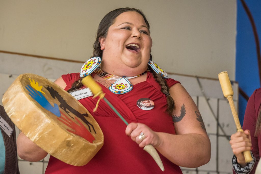 Darlene George gave a moving speech about violence against Aboriginal women. She was speaking from experience, having been a survivor of domestic violence. Her cousin, Roxanne Louie, was murdered in January. George performed with other "Women's Warriors" at the V-Day event Sunday at the Osoyoos Indian Band Community Hall in Oliver. (Richard McGuire photo)