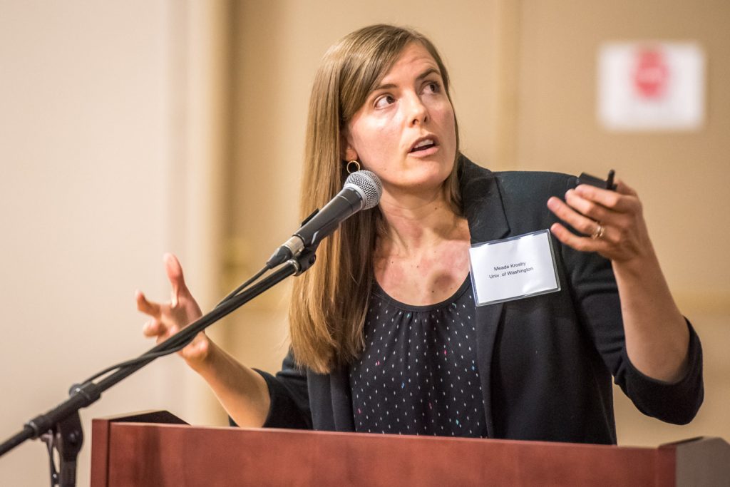 Meade Krosby of University of Washington gave an overview of the impacts people can expect from climate change in the Pacific Northwest. (Richard McGuire photo)