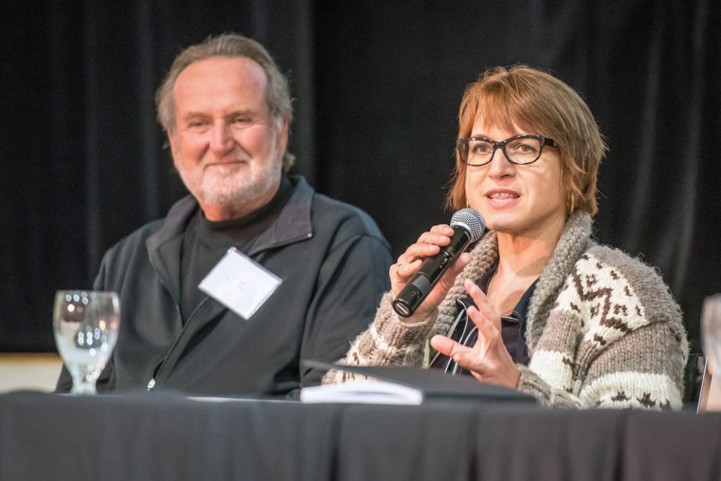 Anna Warwick Sears spoke last October at the Osoyoos Lake Water Science Forum. At left is former Osoyoos mayor Stu Wells, who co-chaired the forum. Sears says whether we see floods or drought this year will depend on timing of the melt and on June rains. (Richard McGuire file photo)