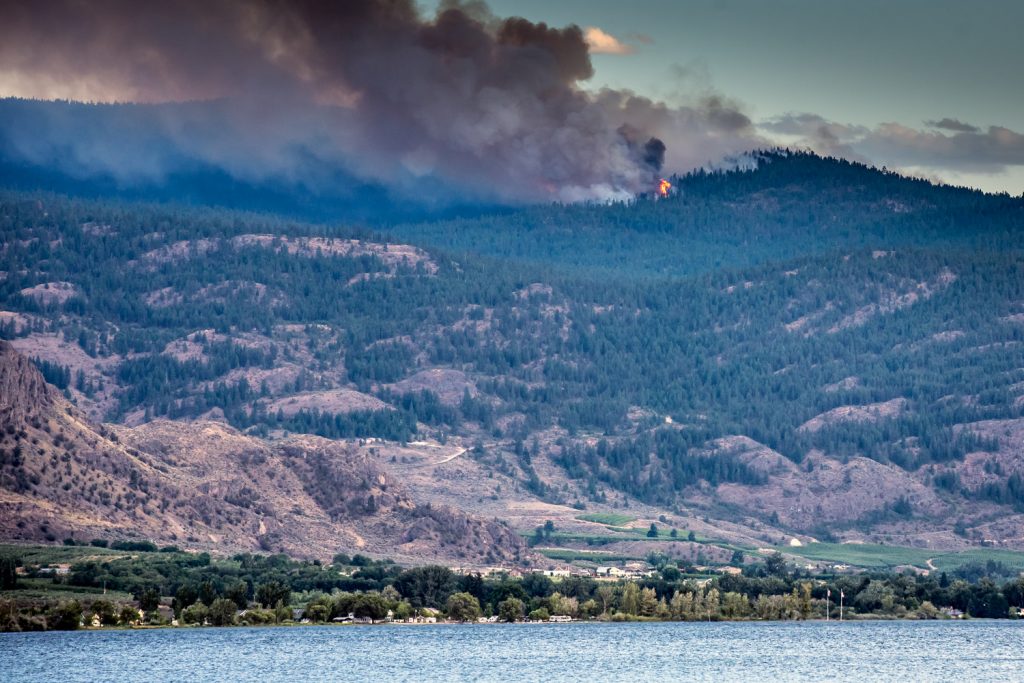 A wildfire burns on a forested hillside east of Oroville, WA, just over the border from Osoyoos. This shot was taken around 7 p.m. Monday night from Haynes Point Provincial Park. (Richard McGuire photo)