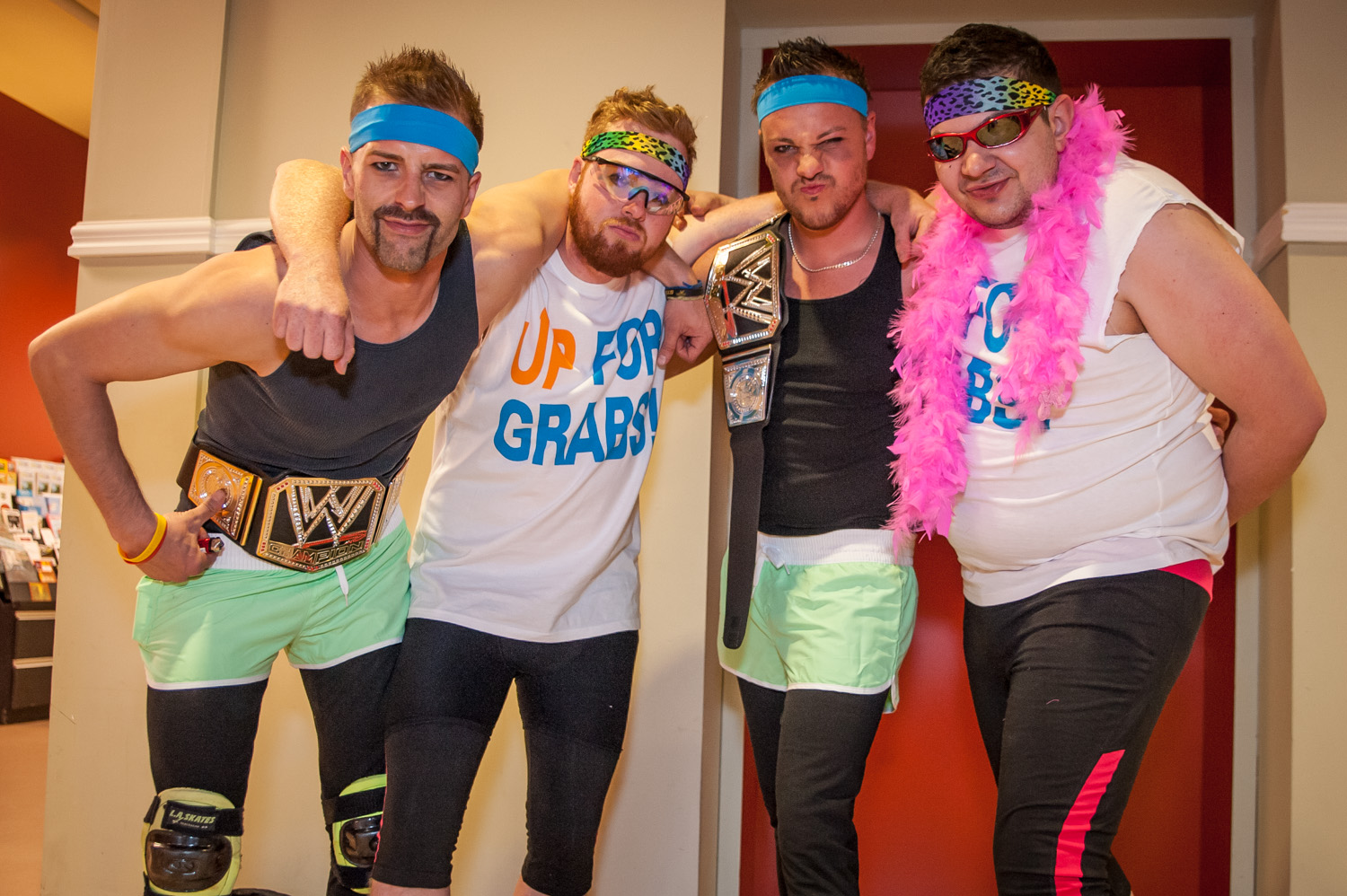 Local wrestling fans (from left) Tyler Fecyk, Keenan Currell, Dustin Currell and Blake Sewell dressed appropriately for Big West Wrestling's show Sunday night at the Sonora Community Centre. (Richard McGuire photo)