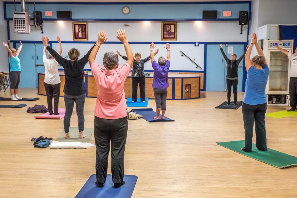 Members of the Osoyoos Yoga Club enjoy a good stretch as they get started with a class at the Legion Hall. For more than 30 years, the club has been getting together to practise gentle stretching, relaxation and yoga breathing techniques. They hold classes on Monday and Thursday at 9 a.m. at the Legion Hall and beginners are always welcome. There is a $3 drop-in fee to cover costs and you need to bring an exercise mat. The club also raises money for various local charitable causes. (Richard McGuire photo)