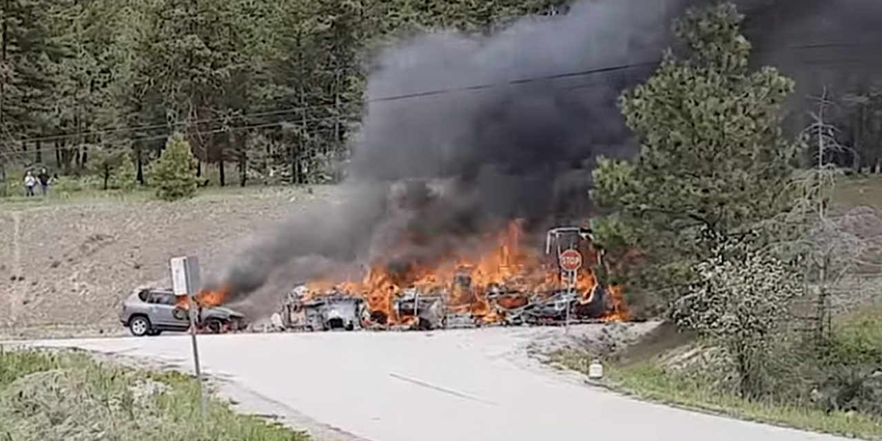 Blazing motorhome towing car closes Hwy. 3 on Anarchist