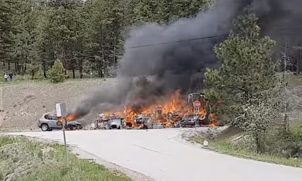 Blazing motorhome towing car closes Hwy. 3 on Anarchist