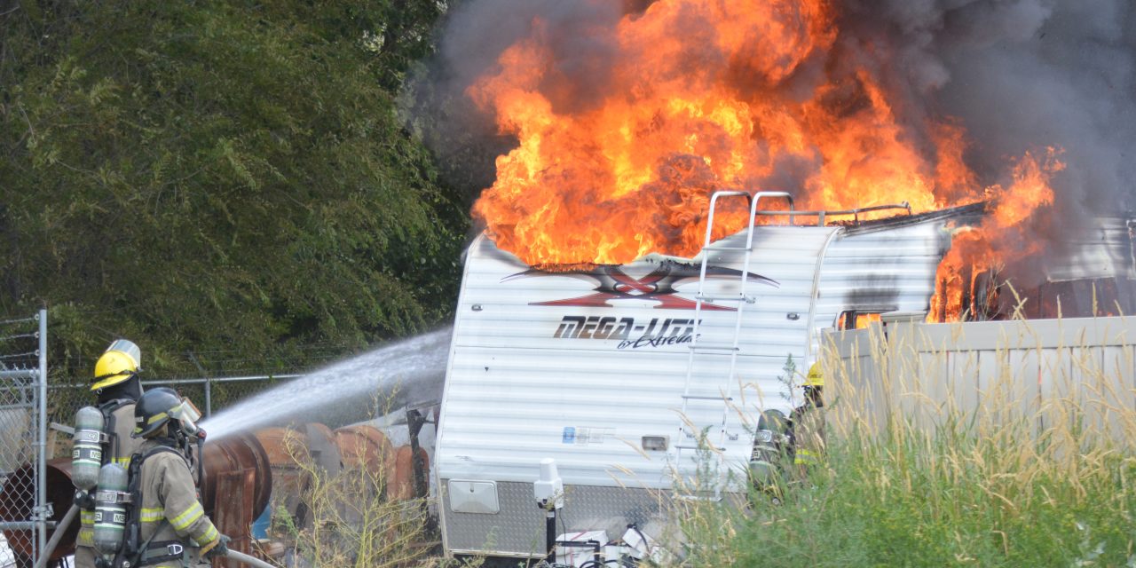 Travel trailer destroyed by fire in Oliver