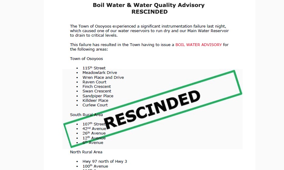 Osoyoos rescinds boil water and water quality advisories