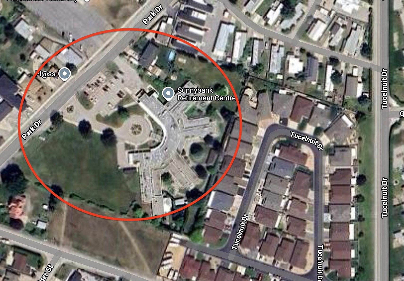 Interior Health’s Sunnybank Retirement Centre on left side of photo with the land that has laid vacant for 45 years on the right side. Credit: Google Maps image